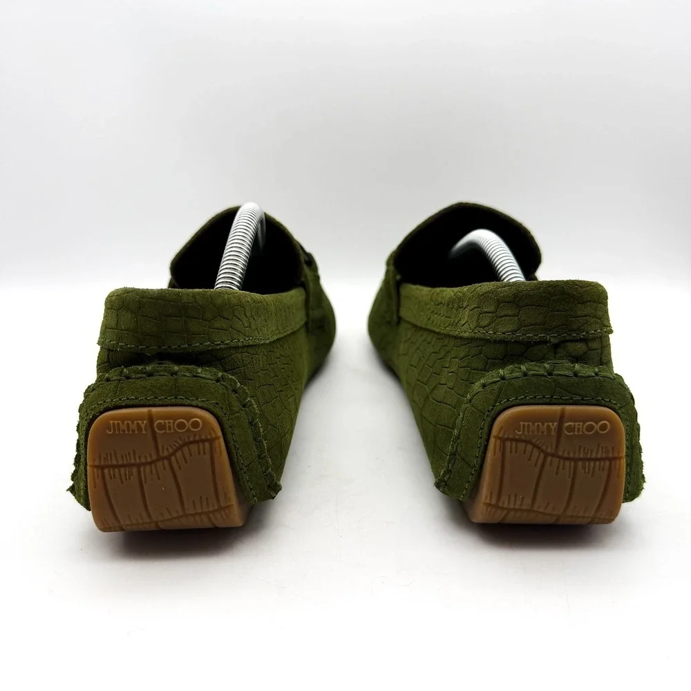 Jimmy Choo Croc Embossed Suede Driving Loafers Green Silver Hardware Size 46